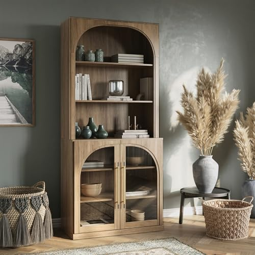 BELLEZE Pantry Storage Cabinet with Hutch, Modular Cabinet with Adjustable Shelves for Organizing, Visible Storage with Glass Door, Wood Highboard for Living Room, Kitchen and Home Office - Camel