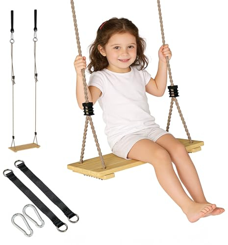 AIYAPLAY Swing Seat, Wooden Kids Swing Set with Adjustable Rope and Tree Straps, Outdoor Playground Playset for Porch, Patio, Garden, Playground