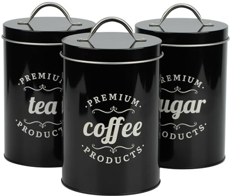 BlyeMichdi Kaffe-, te- och sockerburkar i metall, set med 3 köksförvaringsbehållare, kaffeburk med lufttäta märkta burkar, vintage Eetro stil, svart, 1 520 ml kapacitet