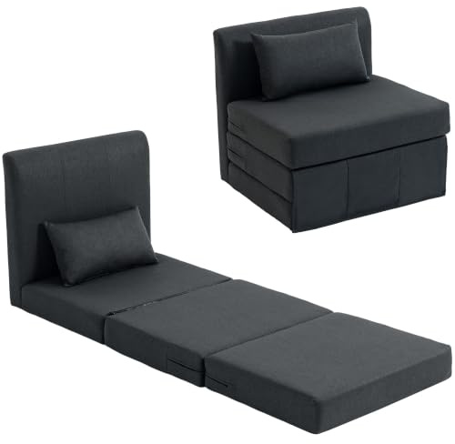 HOMCOM 2 in 1 Schlafsessel Klappbar mit Bettfunktion 80x75x74cm Dunkelgrau | Schlafsofa, Leinenoptik, Gepolstert, Gästebett, Klappsessel, Klappmatratze, Bodensessel, Wohnzimmer, Schlafzimmer