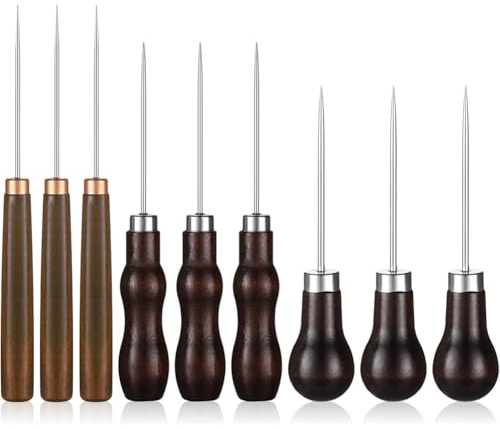 Akfldms Sewing Awl Tool Set 9 PCS Gourd Shape Wooden Handle Scratch Awl DIY Handmade Pin Punching-Needles Kit for Leather