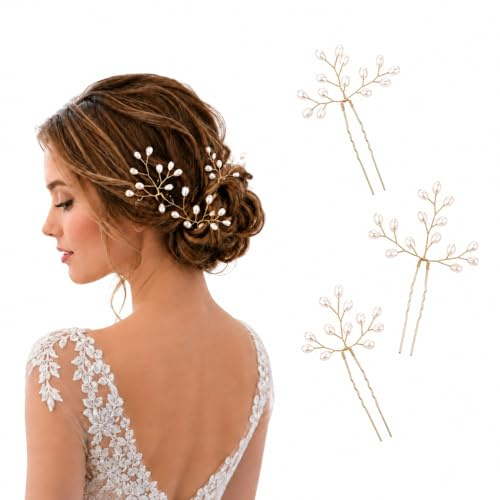 ARYIMYDP 3 Piezas Horquillas para Novia con Perlas Doradas, Accesorios Elegantes para el Cabello de Novia y Damas de Honor, Pasadores para Boda, Compromiso, Fiesta, Ceremonia y Graduación