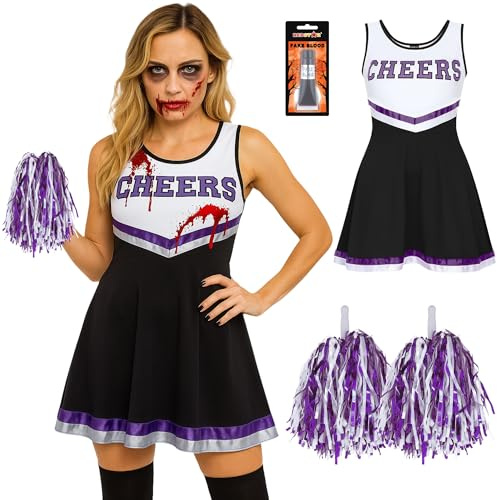 REDSTAR Cheerleader Kostüm Damen mit Pompons & Kunstblut – Gruseliger High School Zombie – Halloween Party oder Karneval