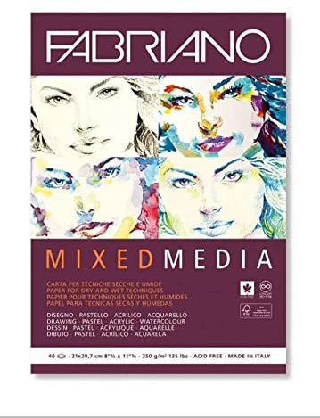 Fabriano Honsell 19100502 - Fabriano Mixed Media Künstlerpapier Block, DIN A5, 40 Blatt 250 g/m², geeignet für nasse und trockene Maltechniken, Weiß