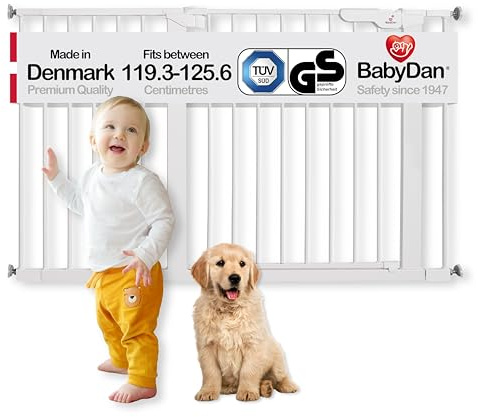 BabyDan Premier, extra bred tryckpassad trappgrind, 119–125 cm, babygrind/säkerhetsgrind, metall, vit, tillverkad i Danmark – (husdjursgrind/hundgrind)