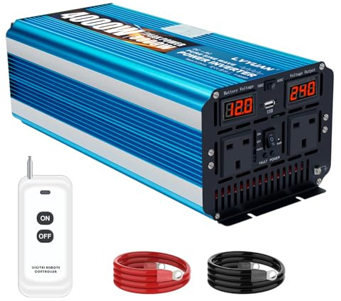 LVYUAN POWER INVERTER PURE SINE WAVE 4000W /8000W DC 12V to AC 230V/240V Converter with Wireless Remote Controller, Dual AC Outlets and USB Port, for RV Truck Car
