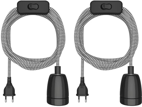ledscom.de 2x Textilkabel LEHA II, Stecker, Schalter, schwarz, weiß, gezackt, 3 m, Porzellan-Fassung, 1x E27 max. 300W