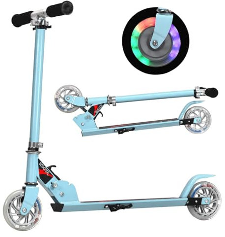 GYMAX Kids Stunt Scooter, Folding Kick Push Scooter with 2 Flashing Wheels and Adjustable T-bar, Perfect as a Gift for 4-13 Years Boys Girls (Sky Blue)