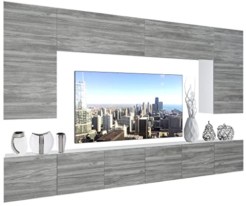 BELINI - Unité Murale TV NEX I Ensemble Muebles de Salon Complet I Ensemble Meuble TV avec Illumination LED I Dimensions: 300 x 180 x 36 cm I Coleur: chêne Glamour