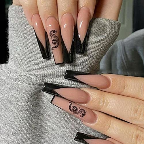 JUSTOTRY 24 Stück Coffin Nägel Zum Aufkleben Lang, Schwarz French Künstliche Nägel mit Dragon, Ballerina Kunstnägel Press on Nails, Pretty Fingernägel Fake Nails Kurz für Frauen