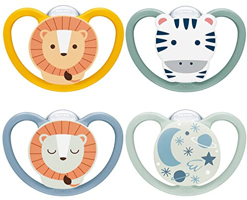 NUK Space Day & Night Babyschnuller | 18-36 Monate | Im Dunkeln leuchtende Schnuller mit zusätzlichen Öffnungen für sensible Haut | BPA-freies Silikon | Zebra & Löwe | 4 Stück