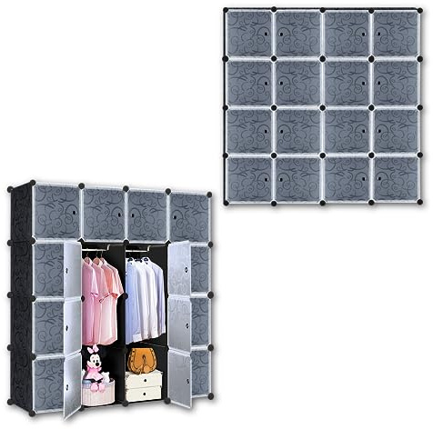 SUBTLETY Sistema de estanterías de plástico PP con puertas, 140 x 35 x 140 cm, para manualidades, armario, almacenamiento, cajas de ropa, zapatos, libros, juguetes (negro, 16 compartimentos)