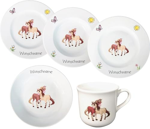 Kindergeschirr Kinderservice 5-tlg. Pferde 2 Kinder Geschirr Porzellan Teller Tasse Müslischale personalisierbar mit Wunschname Name Kombiservice mit Namen personalisiert