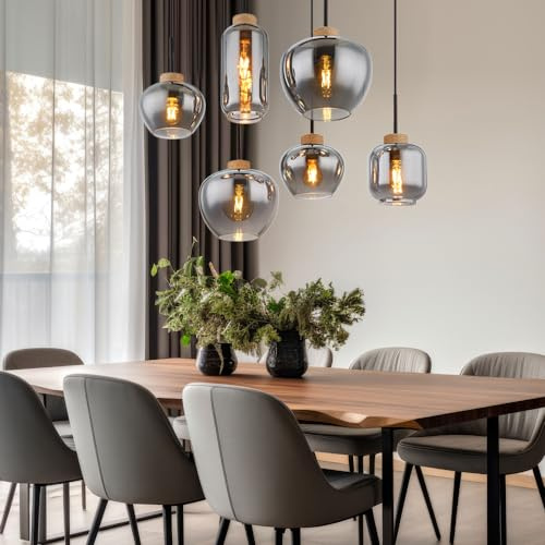 Pendellampe Pendelleuchte Hängelampe Esstischleuchte, 6 flammig, Retro Rauchglas Metall schwarz Hanf braun, 6x E27 Fassungen, LxBxH 80x40x120cm