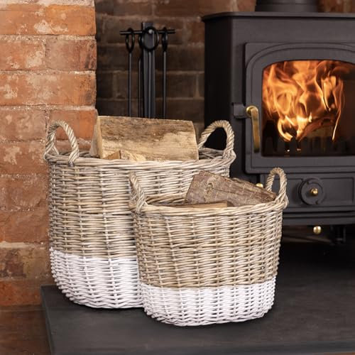 CHARLES BENTLEY Wicker Basket, Snug, Set Of Two Two Toned Wicker Log Baskets, Log Storage, Handmade Nesting Handles, Log Basket, Fireplace, Fireside, Blanket Storage, Stackable, Oval (42x33x31cm)