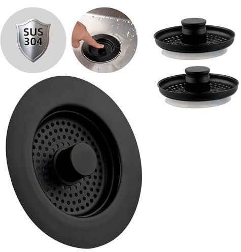 Hibbent Spülbecken Stopfen, Küche Spüle Sieb und Stopfen Combo, mit 3 Edelstahl-Siebe, Anti-Clogging, Küche Spüle Sieb Stecker, und verhindern, DASS Gerüche-Spülen Tiefe > 22mm-Schwarz