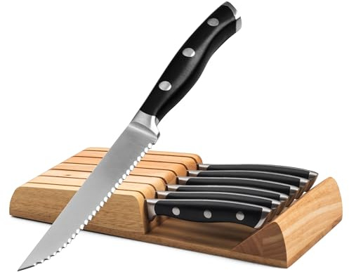 Alata 6-Piece Steak Knives Set with Block, 4.7 Inch with Serrated Edge Razor-Sharp Dinner Knives, Full-Tang Construction