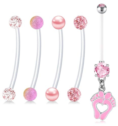 WillTen 14G Schwangerschaft Bauchnabel Stäbe Rosa, 5Pcs 35mm Mutterschaft Belly Bar Dangly Lang Belly Bar Kunststoff Bauch Bar Bälle, Bioflex Lang Schwangerschafts Piercing Bauch für Frauen