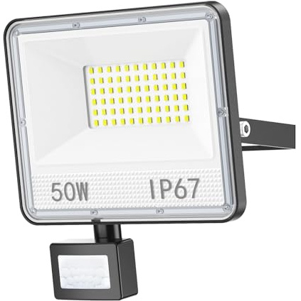 YIQIBRO 1 Piezas 50W Foco LED Exterior con Sensor Movimiento, 5000LM 7000K Blanco Frio IP67 Impermeable Focos con Sensor de Movimiento Exterior para Terraza, Jardín, Garaje