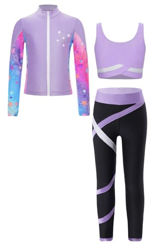 Oyolan Barn, flicka, idrottsset, träningsoverall, jacka, linne, leggings, gym, outfit, gymnastik, skridskoåkning, dans, träning, 5–16 år, Ljus lila, 13-14 �r