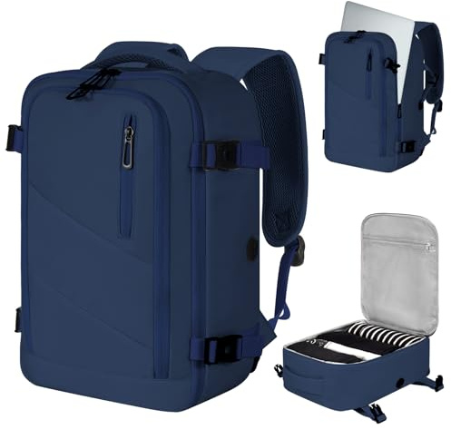 VOESLD Kabinväskor 40x20x25 för Ryanair, kabinväska 45x36x20 för Easyjet, reseryggsäck män kvinnor laptopryggsäck, kan användas som sportryggsäck, fritid, arbetsväska (Marinblå, 40x20x25 CM)