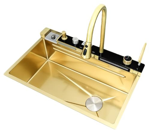 AIVANOTO Multifunktionale Küchenarbeitsplatzspüle, Mit Ausziehbarem Wasserhahn, Tassenspüler, Trinkhahn, Abfluss-Sets, Großer Wasserfallspüle, Einzelbecken-Küchenbarspüle(Gold,80x46x22cm)