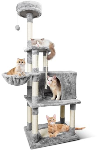 Nobleza Árbol Rascador para Gatos Grande 168cm, Torre de Actividades Multinivel con 9 Postes de Sisal, 2 Nidos, Hamaca y Pompón, Gris