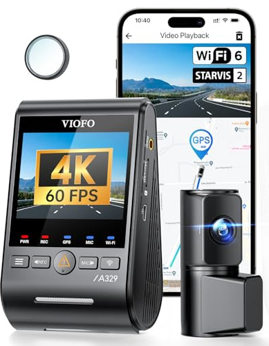 VIOFO A329 2CH 4K 60FPS/HDR 30FPS + 2K Tableau de Bord Avant et arrière, wi-FI 6 caméra de Voiture avec Double capteur STARVIS 2, contrôle Vocal, Filtre CPL Avant, Mode de stationnement Tampon