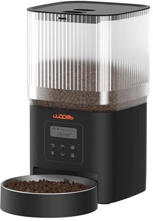 WOPET Futterautomat Katze 4L- Katzenfutter Automat 180 Tage Akkulaufzeit (1-6 Mahlzeiten/Tag, Trockenfutter) Futterspender für Katzen/Hunde, Edelstahlschüssel, Doppelnetzteil Schwarz