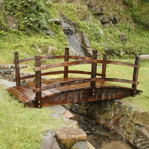 CMYUN Pont de Jardin Pont de Jardin Naturel Extérieur/Petite Passerelle avec Garde-Corps, Ponts D'étang en Ruisseau Carbonisé Décor de Jardin, Ponts Décoratifs Rétro en Bois