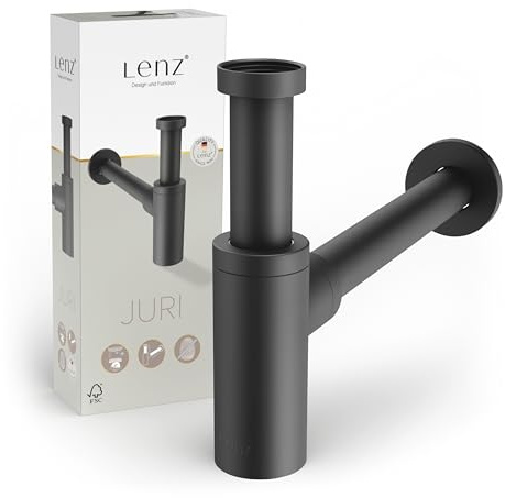 Lenz Design-Siphon JURI in Schwarz-matt – Für alle gängigen Waschbecken | Typ 1 1/4, Rohre extralang und anpassbar, Reinigungsöffnung und Geruchsverschluss, Anti-Fingerabdruck Oberfläche, 46090051