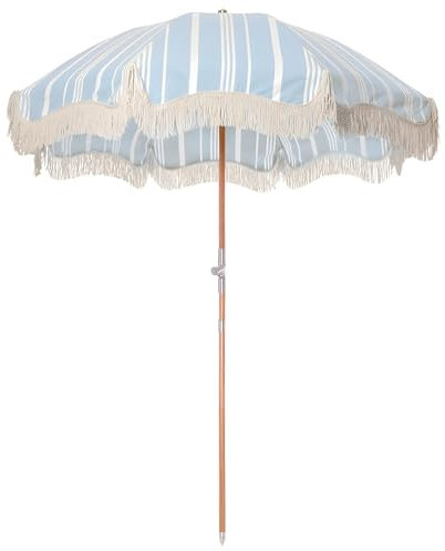 Generico Ombrellone da spiaggia a righe retrò 200 cm, parasole da viaggio inclinabile con frange, ombrelloni pieghevole con palo in legno rotondo per balcone, picnic, campeggio(Blue stripe)
