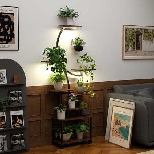 TWSOUL Pflanzenständer mit Wachstumslicht, 8 Ebenen Blumenständer, 157cm Metall Holz Pflanzenregal, Innen & Außen Blumentreppe für Mehrere Pflanzen Töpfe, für Indoor Garten Balkon Wohnzimmer