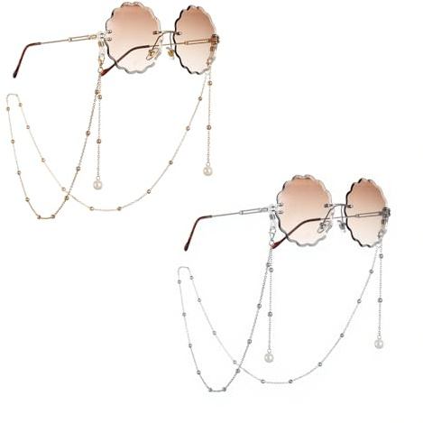 MSLSOZ 2 x Brillenkette für Frauen, Perlen Sonnenbrillenketten für Frauen, Brillenkette zum Umhängen, dekoratives Brillenzubehör (Gold + Silber)
