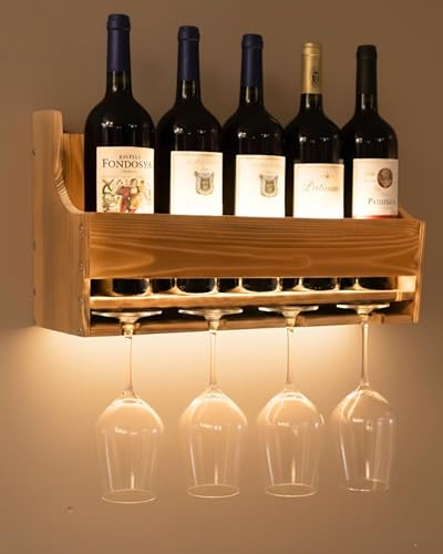 brekle Wine Rack Wall Mounted LED Wall Wine Rack with Wine Glass Holder Bar Shelves Wall Mounted 4-Bottle Wine Holder & 4-Glass Rack Space-Saving Wall Bar Cabinet Bar Décor