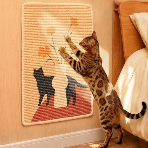 FUKUMARU Sisal Cat Scratching Mat, 60 x 40 cm Natural Sisal Cat Scratch Pad Mats for Indoor Cats, Horizontal Cats Wall Scratcher Kitten Floor Rug with Sticky Tapes, Furniture Protector(Flower)