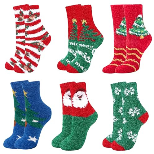 TYXHXTF 6 Paia Calzini Natalizi, Calze Natalizie, Calzini Donna Invernali, Calze Caldi Pelosi Morbido Pile di Corallo Calzettoni Caldi Regali per Natale