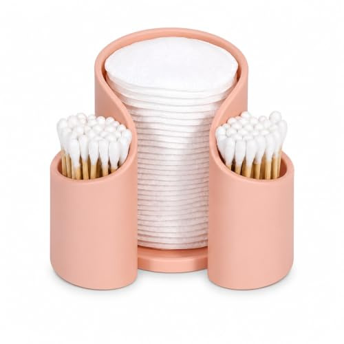 Xieesae Pink Cotton Wool Pad and Bud Holder, 2-in-1 Vanity Makeup Organiser, U-Shaped Dispenser and Storage for Bathroom Counter and Dressing Table