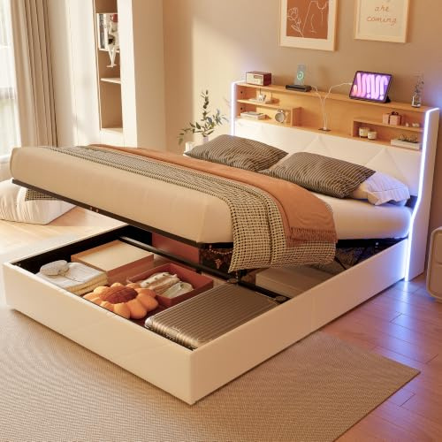 BRILVERDE Polsterbett 140x200 mit Stauraum, Doppelbett mit LED/USB, Bettgestell mit Lattenrost und kopfteil, Bettrahmen für Erwachsene, PU (Beige, 140 x 200 cm)