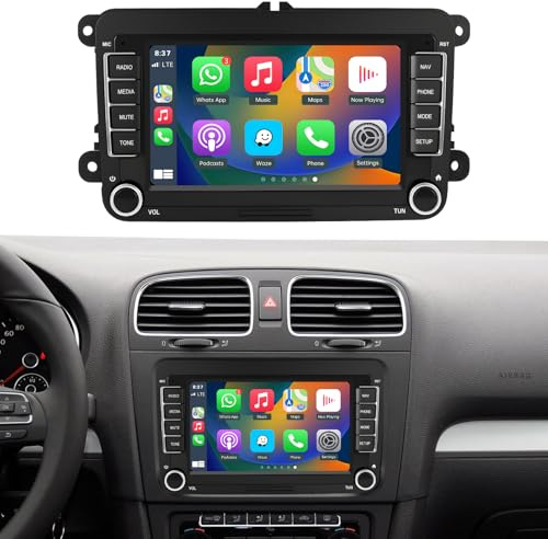 Road Top 7 tums bilradio trådlös CarPlay pekskärm för Volkswagen/Skoda/Seat, stöd för trådlös CarPlay/Android Auto/Mirrorlink, GPS-navigering och multimediastereo