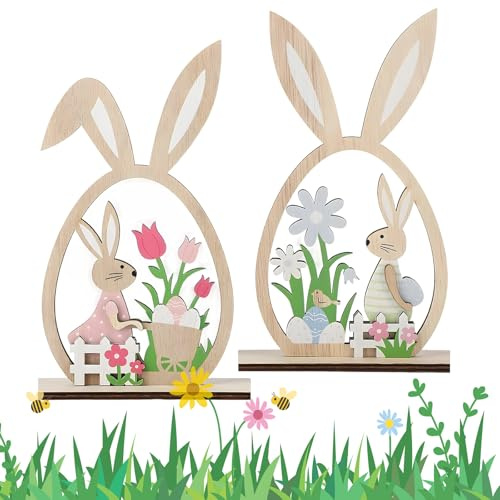 2 Stück Osterdeko Holz, Ostern deko, Osterdekoration mit Hasenmotiv für Frühlingsstimmung, Eiförmige Holzfiguren als Tischdeko Ostern, osterdeko aus holz für Wohnzimmer, Esszimmer oder Büroräume