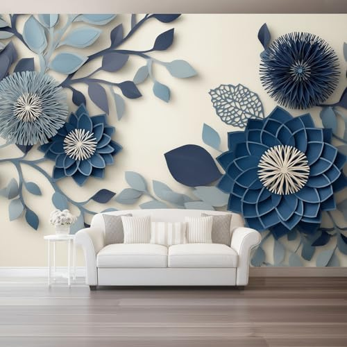 Modern Art Style Blue Paper Flowers Leaves Photo Wallpaper Mural - Non-Woven Premium Wall Covering, Large 3D Art Poster Decoration for Living Room Bedroom Home Decor 250 X 175 Cm