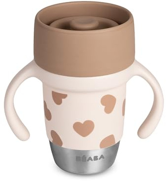 Béaba, Tasse d’Apprentissage Inox Click & Drink – Tasse 360° Sans Valve, Anti-Fuite, Anti-Renversement, Évolutive, Ouverture 1 Clic, Gobelet Bébé Enfant, 240 ml, Big Love