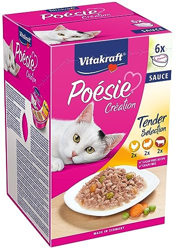 Vitakraft Poésie Création, Tender Selection, Nassfutter Katze, Katzennassfutter in Sauce, mit Huhn, mit Pute, mit Rind, ohne Zusatz von Zucker und Getreide (1 Paket mit 6X 85g)