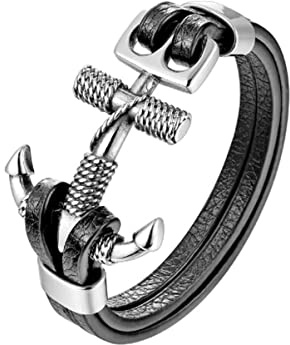 HAQUIL Nautical Rope Anchor Black Leather Bracelet for Men