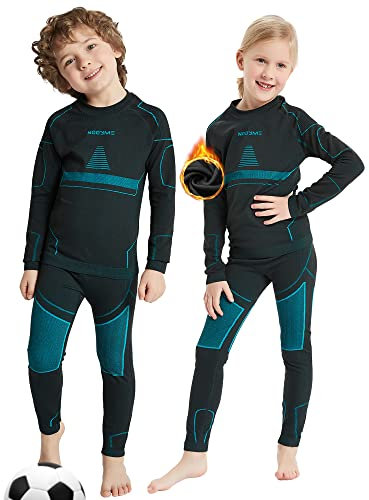 NOOYME Funktionsunterwäsche Kinder Skiunterwäsche Thermounterwäsche Atmungsaktiv & Hautfreundlich Sportunterwäsche Fussball, Schwarz-Hellblau (140/146) 140-145cm