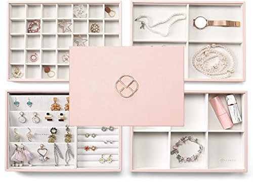 Vlando Schmucktablett Schmuck-Organizer für Schublade – Schmuck-Organizer Tablett Schmuckschublade Organizer Stapelbare Schmuck-Organizer Tabletts Schublade Schmuck-Organizer, komplettes Set - Rosa