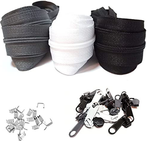 Reißverschluss endlos 5mm 9m Nylon Endlosreißverschluss 3 Farben mit 15 Schieber und 30 Endstück, Reißverschlüsse spiralförmig Meterware teilbar 3cm breit für Kleidung Tasche Gepäck Bettzug Zelt