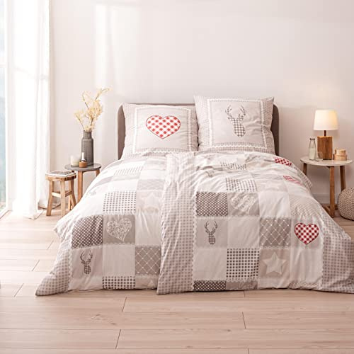 MTOnlinehandel TRAUMHELDEN Landhaus Stil Bettwäsche 135x200 + 80x80 cm · Karo Herz Hirsch Sterne · 100% Baumwolle in Renforce · Vintage Bettwäsche-Set