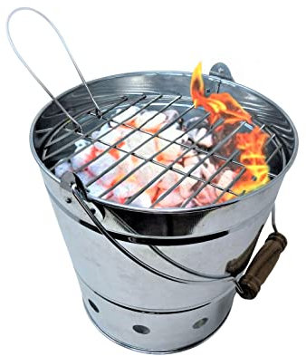 GH® Premium BBQ Bucket Grill & Handle Charcoal Barbecue FirePit Galvanised Steel Portable with removable handle Compact travel size 11 inch top Diameter Ideal for Beach & days out